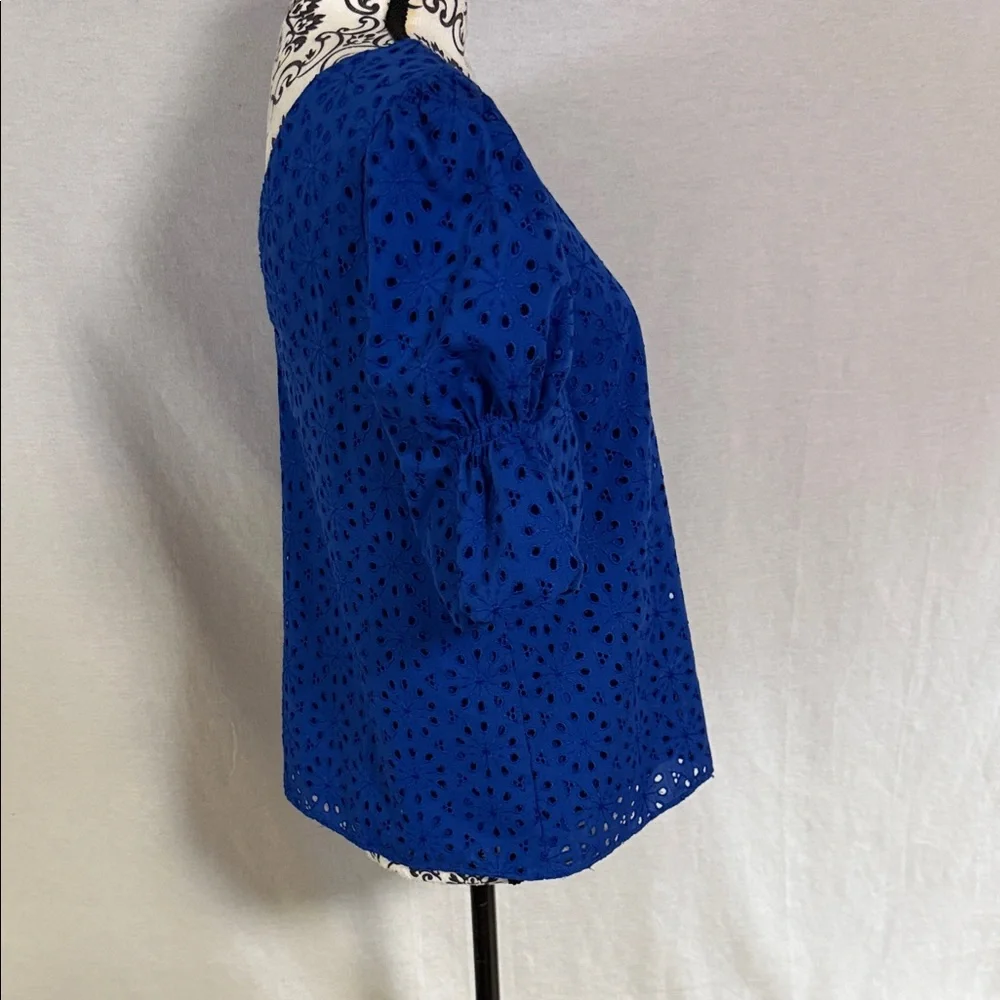 Lilly Pulitzer Shaila Top Baha Blue Eyelet Lined Blouse with puff sleeves Small